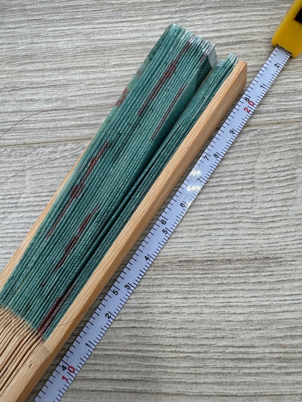 Green Floral Folding Hand Fan Wood Bamboo Style. Preowned