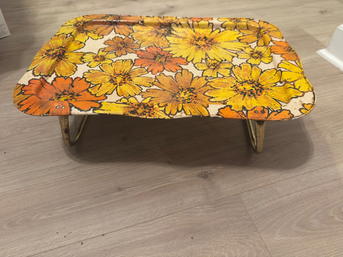 Vintage 1970s Floral Metal Folding Lap TV Bed Tray Retro