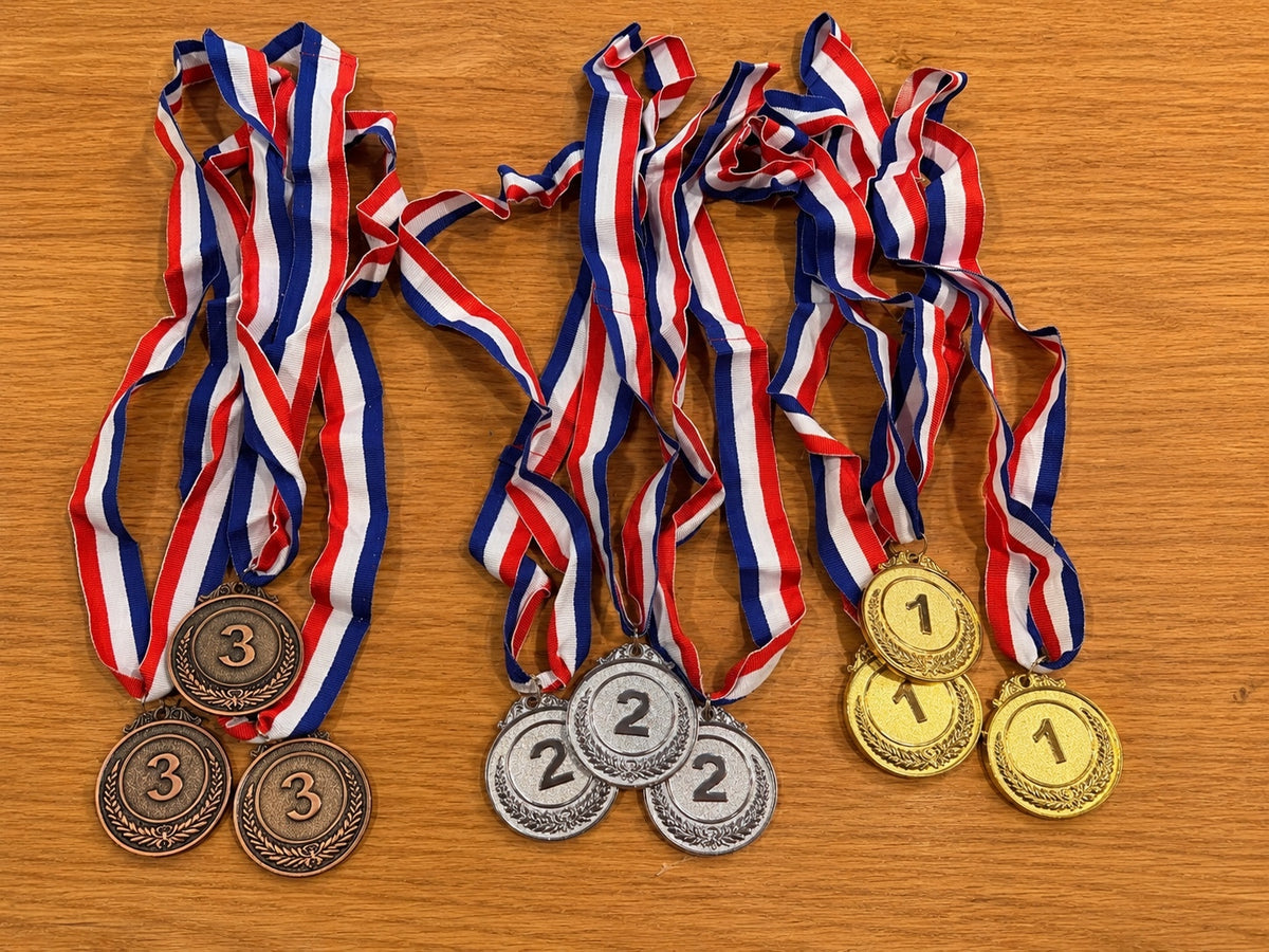 12 Award Medals Set – 1st 2nd 3rd Place Medals – Gold Silver Bronze – Field Day Party Game Prizes – Red White Blue Ribbons
