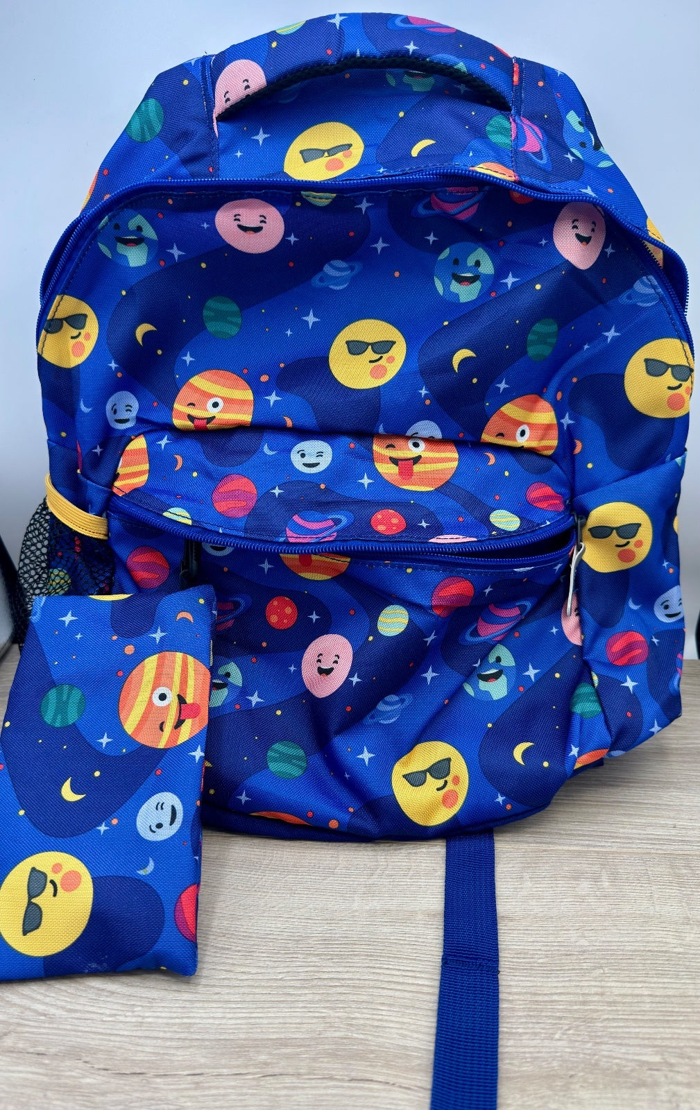 Kids Space Planet Emoji Backpack Matching Pencil Pouch Blue