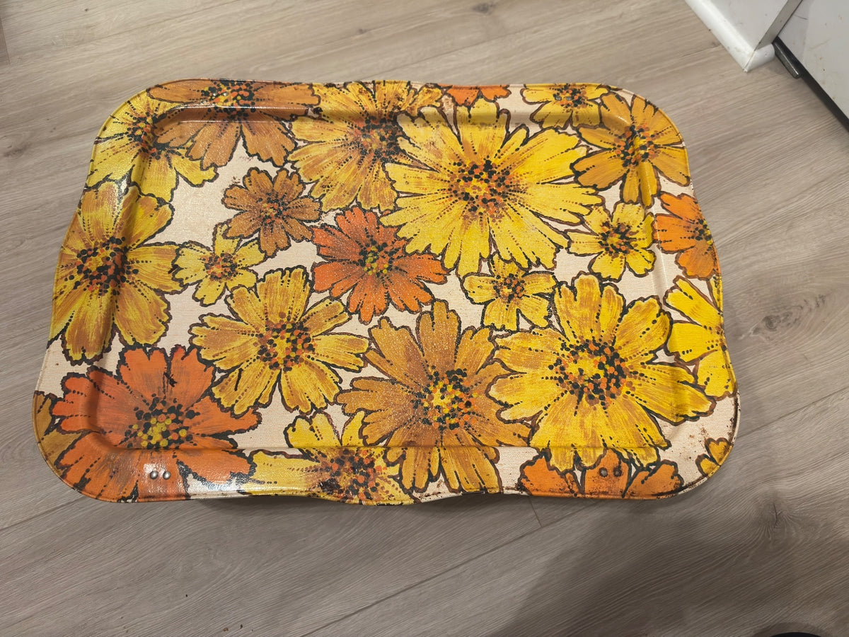 Vintage 1970s Floral Metal Folding Lap TV Bed Tray Retro