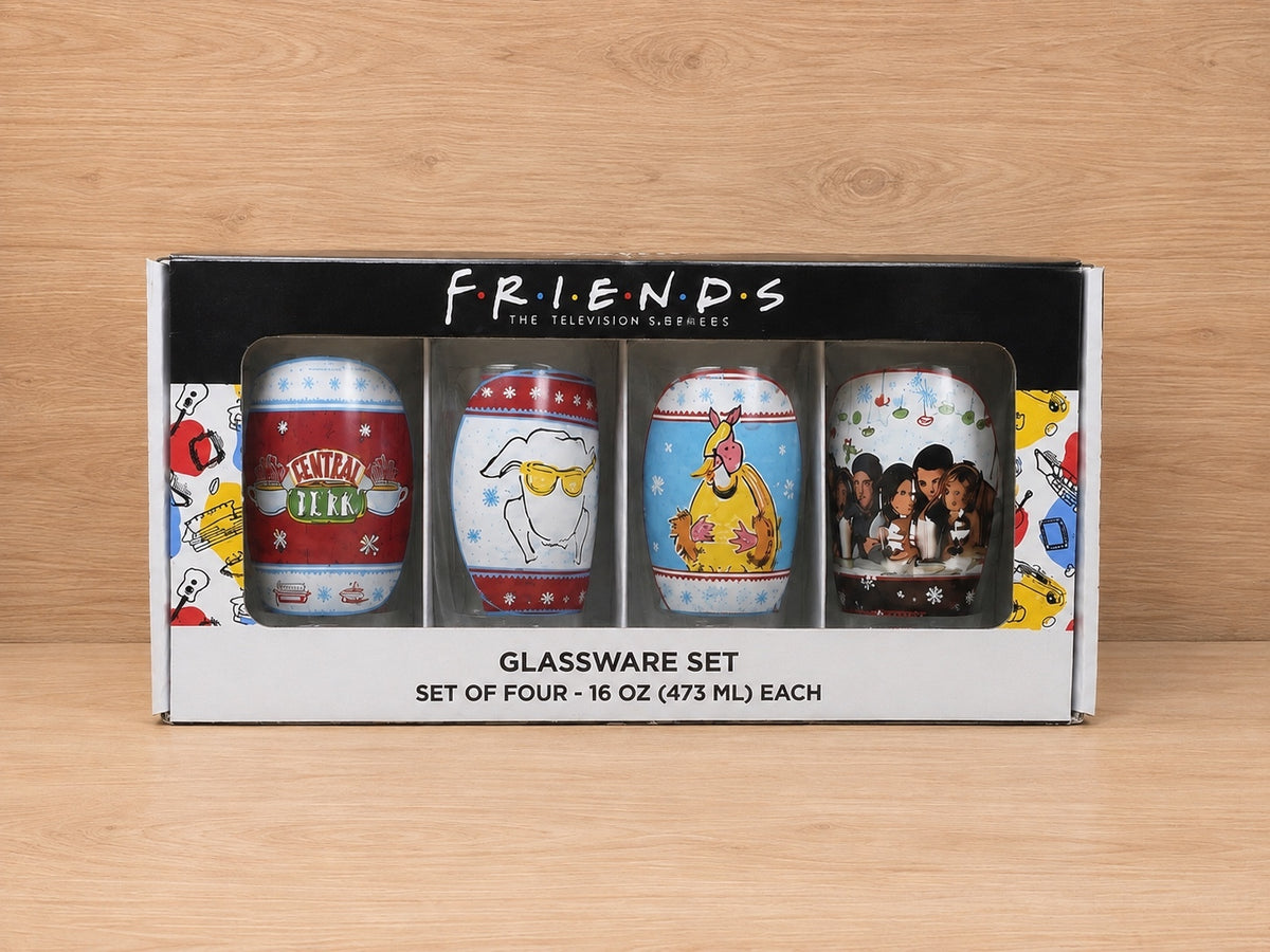 FRIENDS Holiday Glassware Set 4 x 16 oz Pint Glasses Silver Buffalo Christmas