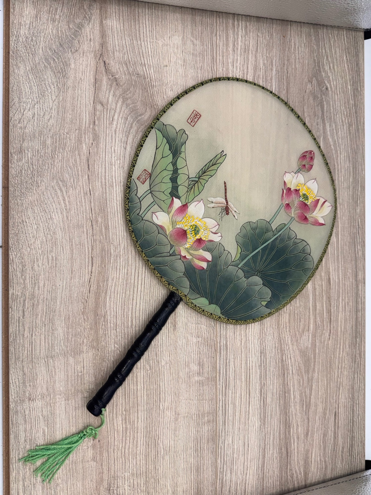 Chinese Round Hand Fan Lotus Dragonfly Floral Tassel Decor