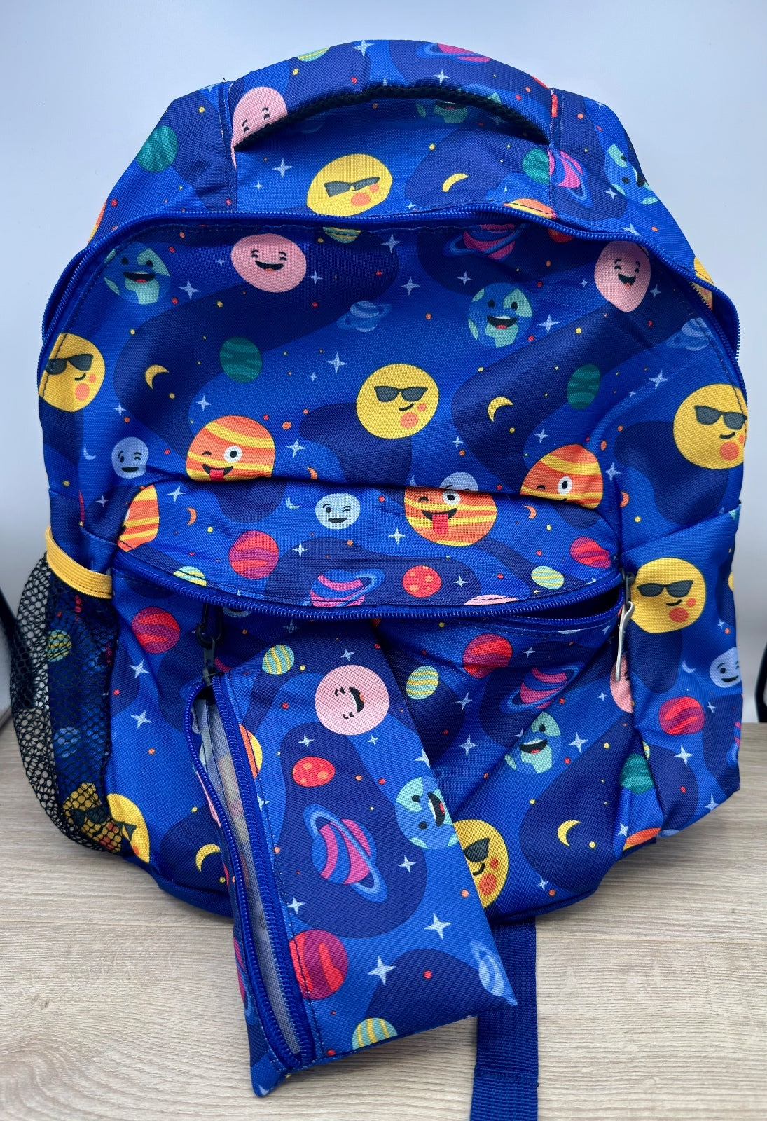 Kids Space Planet Emoji Backpack Matching Pencil Pouch Blue