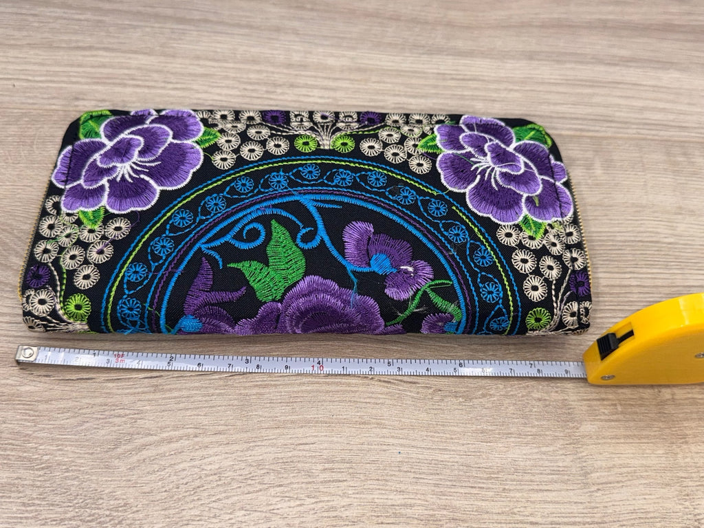 Embroidered Floral Double Zip Wallet Purple Black