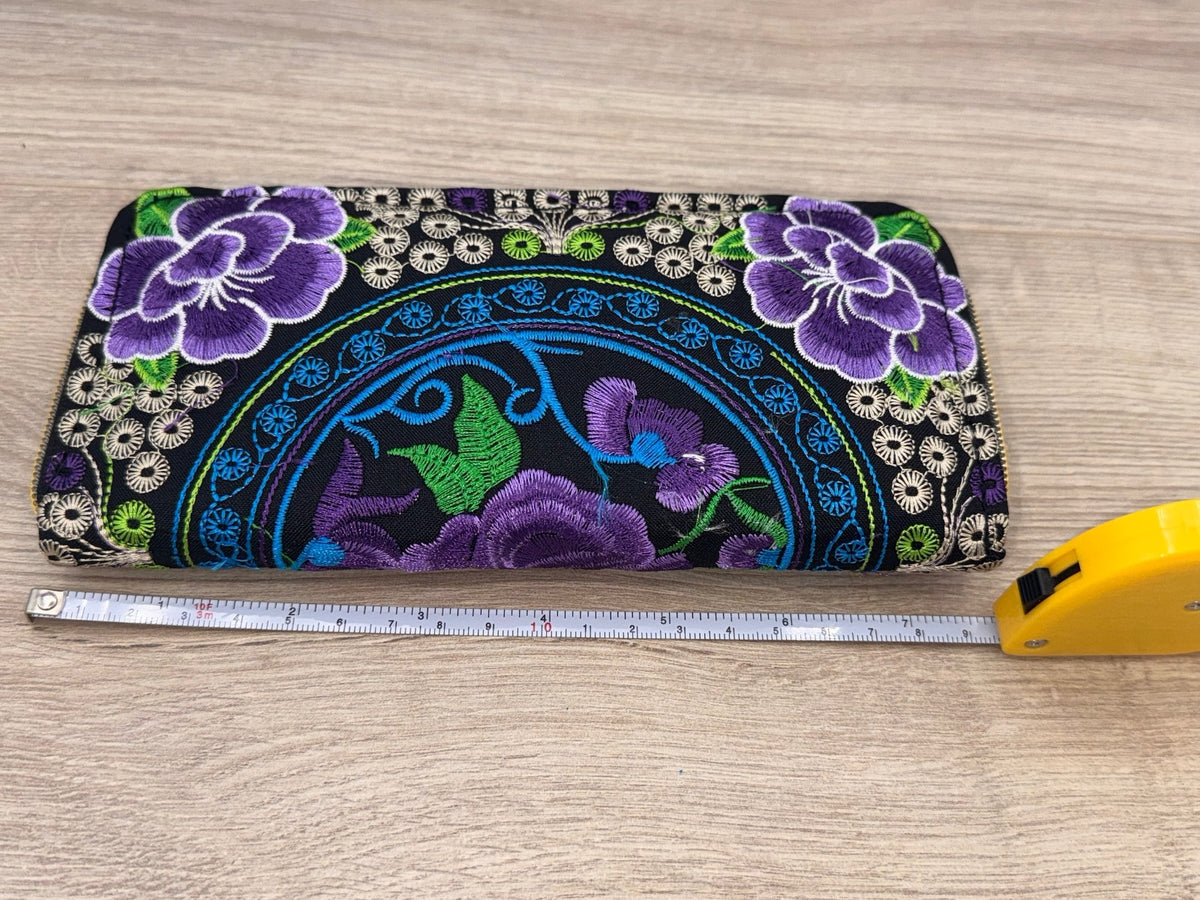 Embroidered Floral Double Zip Wallet Purple Black