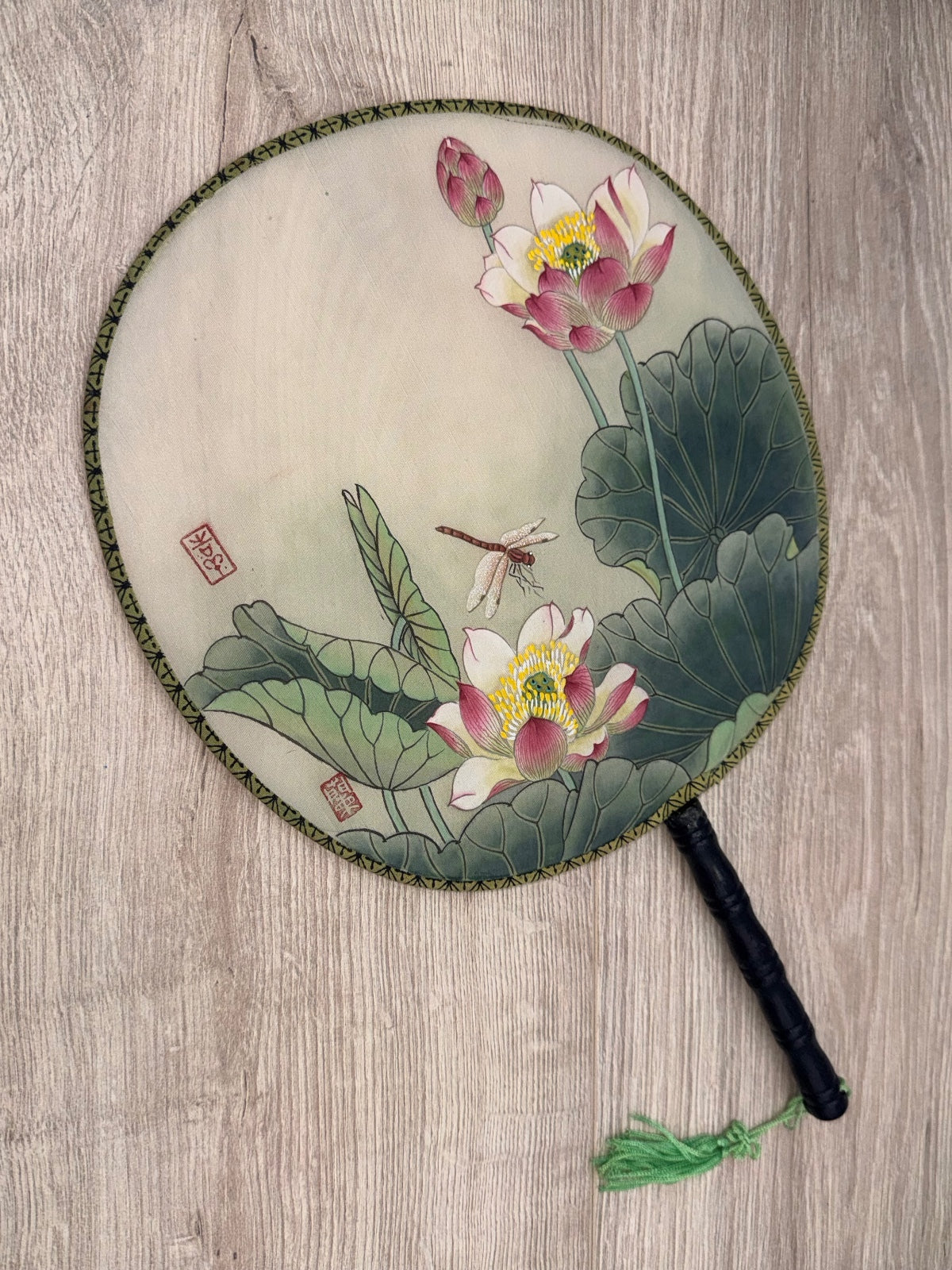 Chinese Round Hand Fan Lotus Dragonfly Floral Tassel Decor