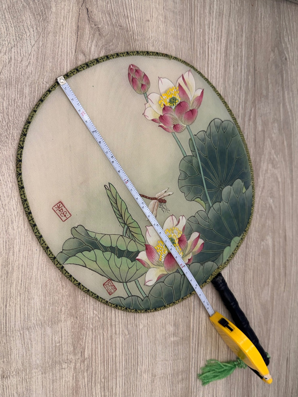 Chinese Round Hand Fan Lotus Dragonfly Floral Tassel Decor