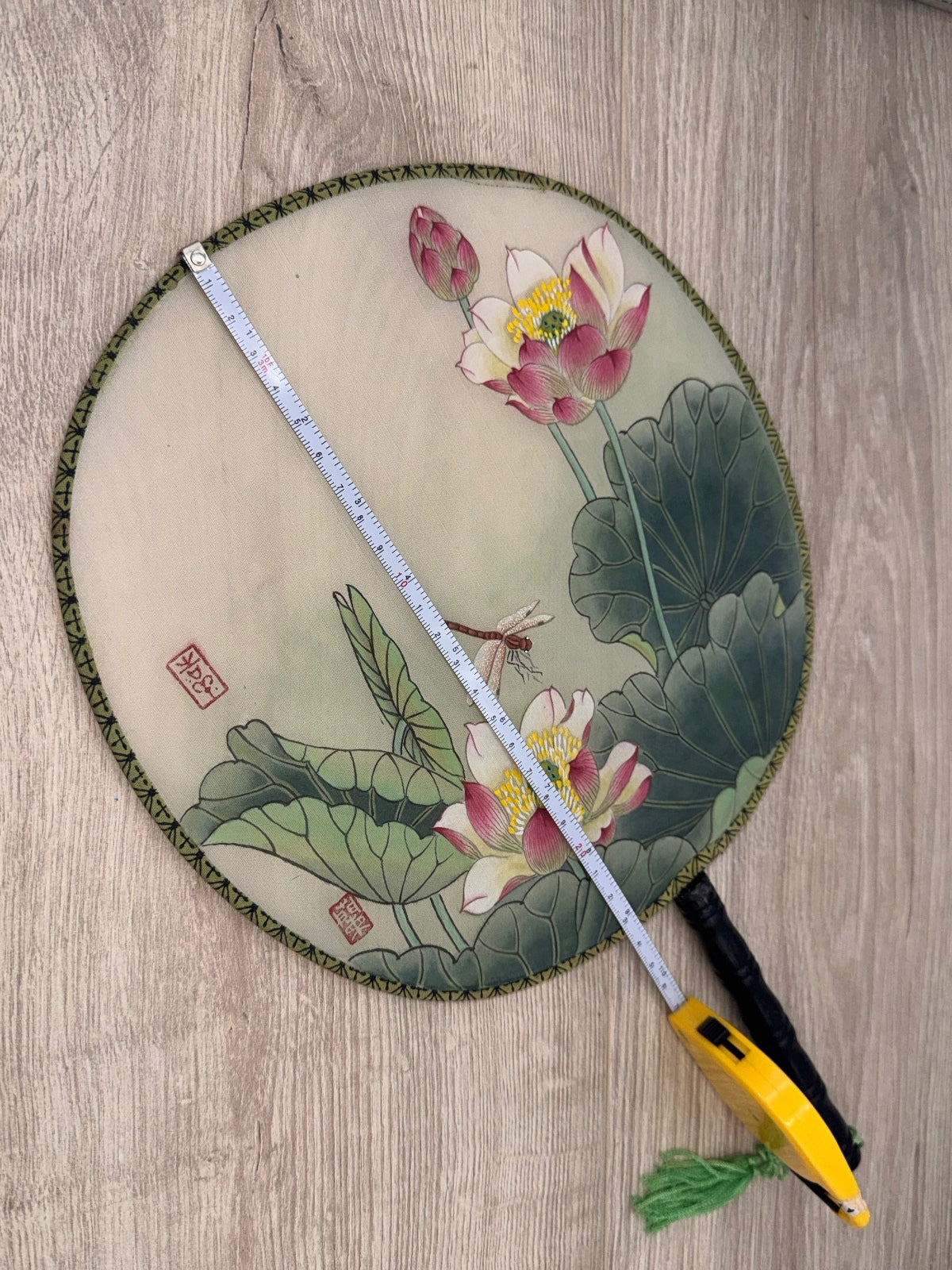 Chinese Round Hand Fan Lotus Dragonfly Floral Tassel Decor