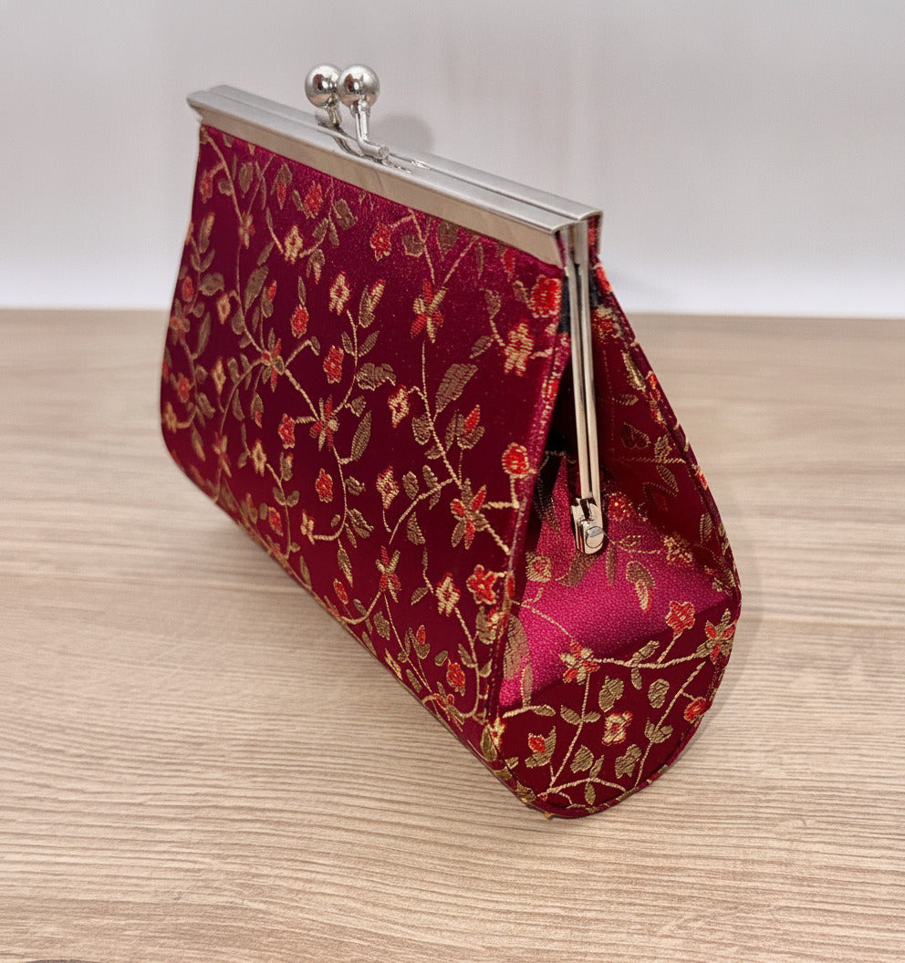 Burgundy Floral Brocade Kiss Lock Evening Purse Chain