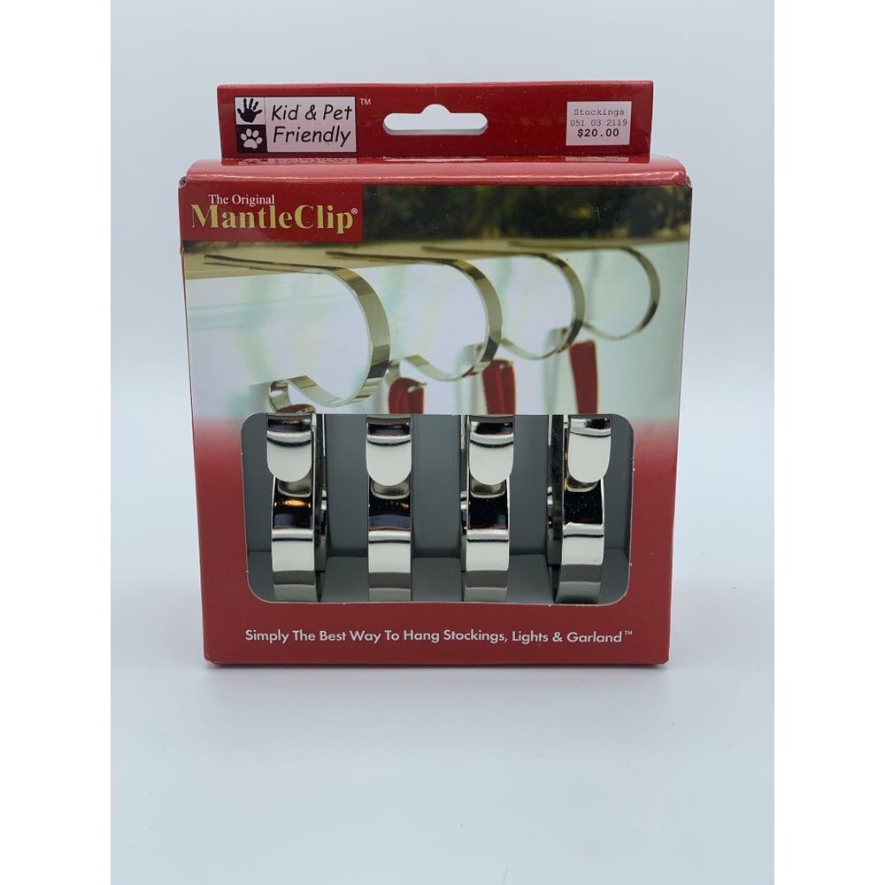 The Original MantleClip 4ct Stocking Holders Silver Adjustable Holiday Decor NIB