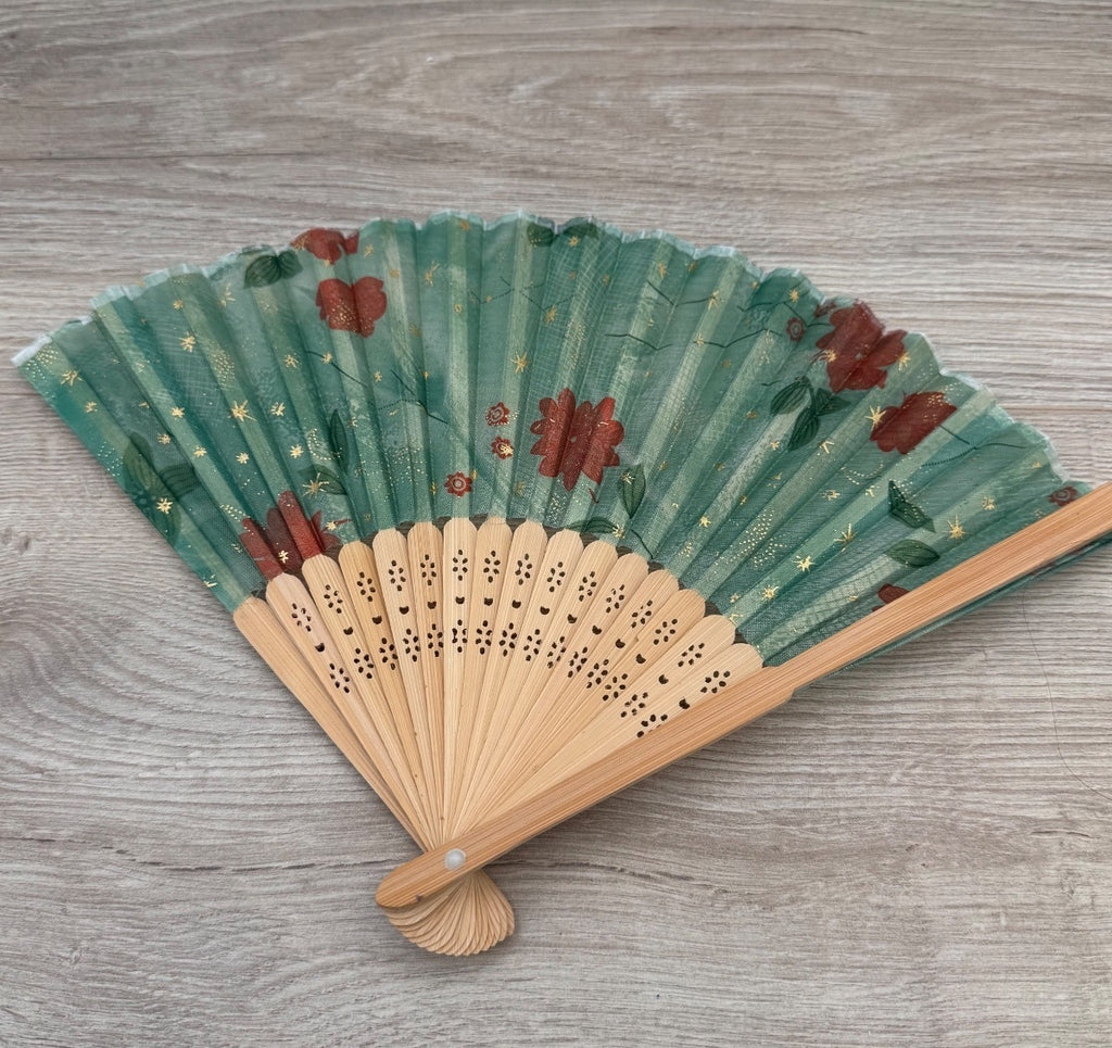 Green Floral Folding Hand Fan Wood Bamboo Style. Preowned