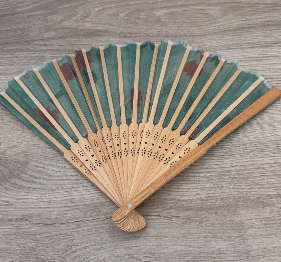 Green Floral Folding Hand Fan Wood Bamboo Style. Preowned