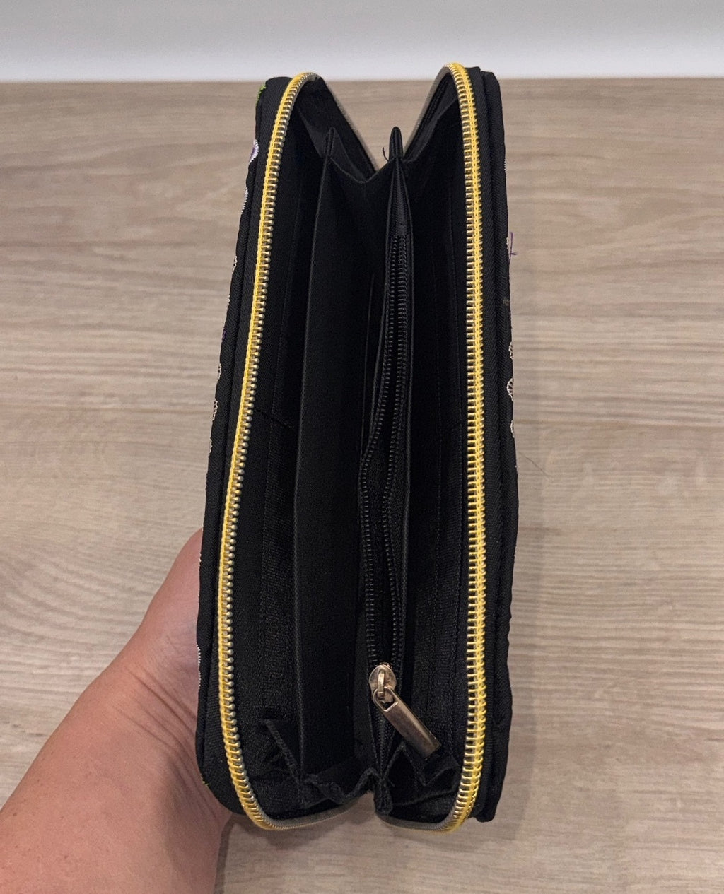 Embroidered Floral Double Zip Wallet Purple Black