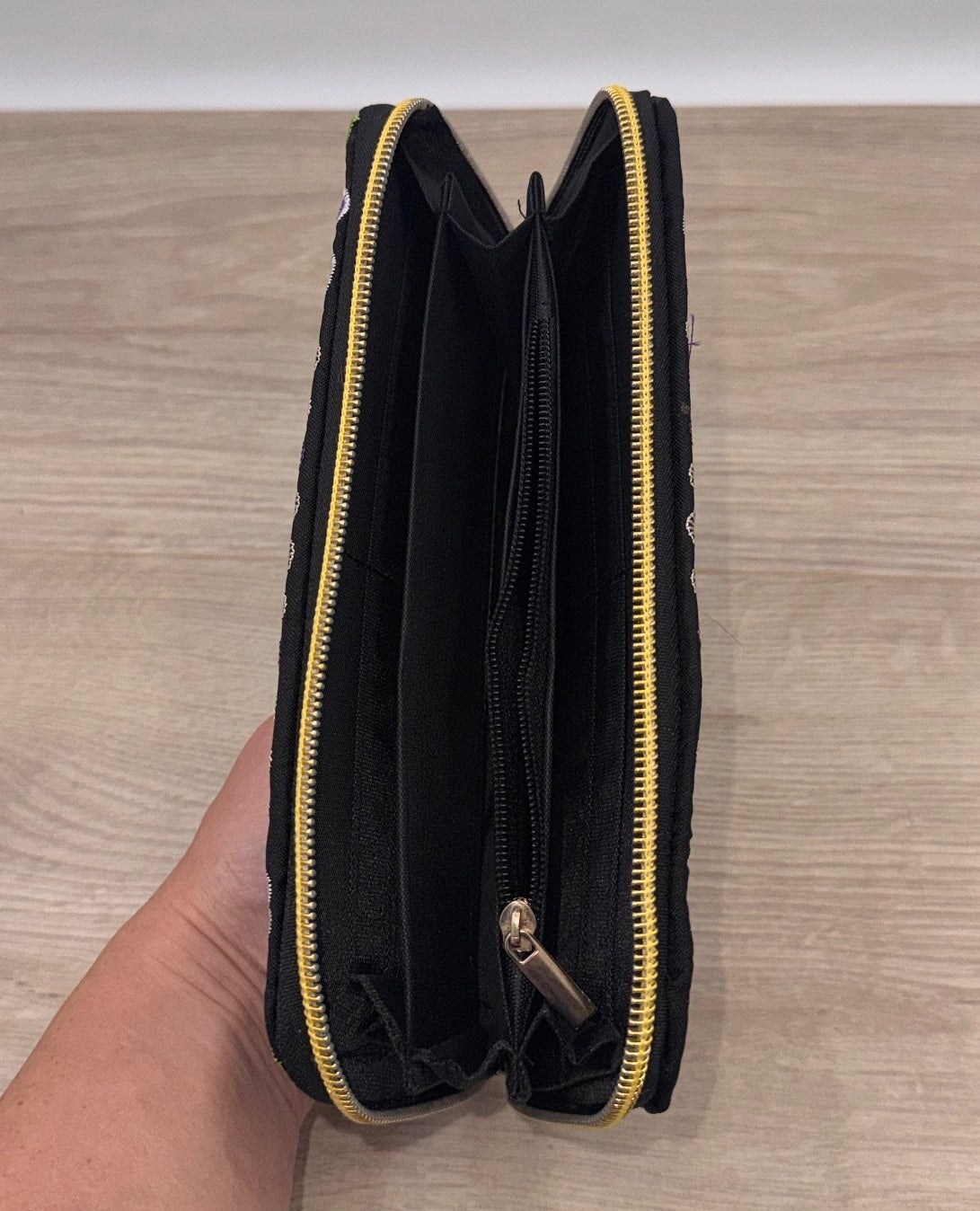 Embroidered Floral Double Zip Wallet Purple Black