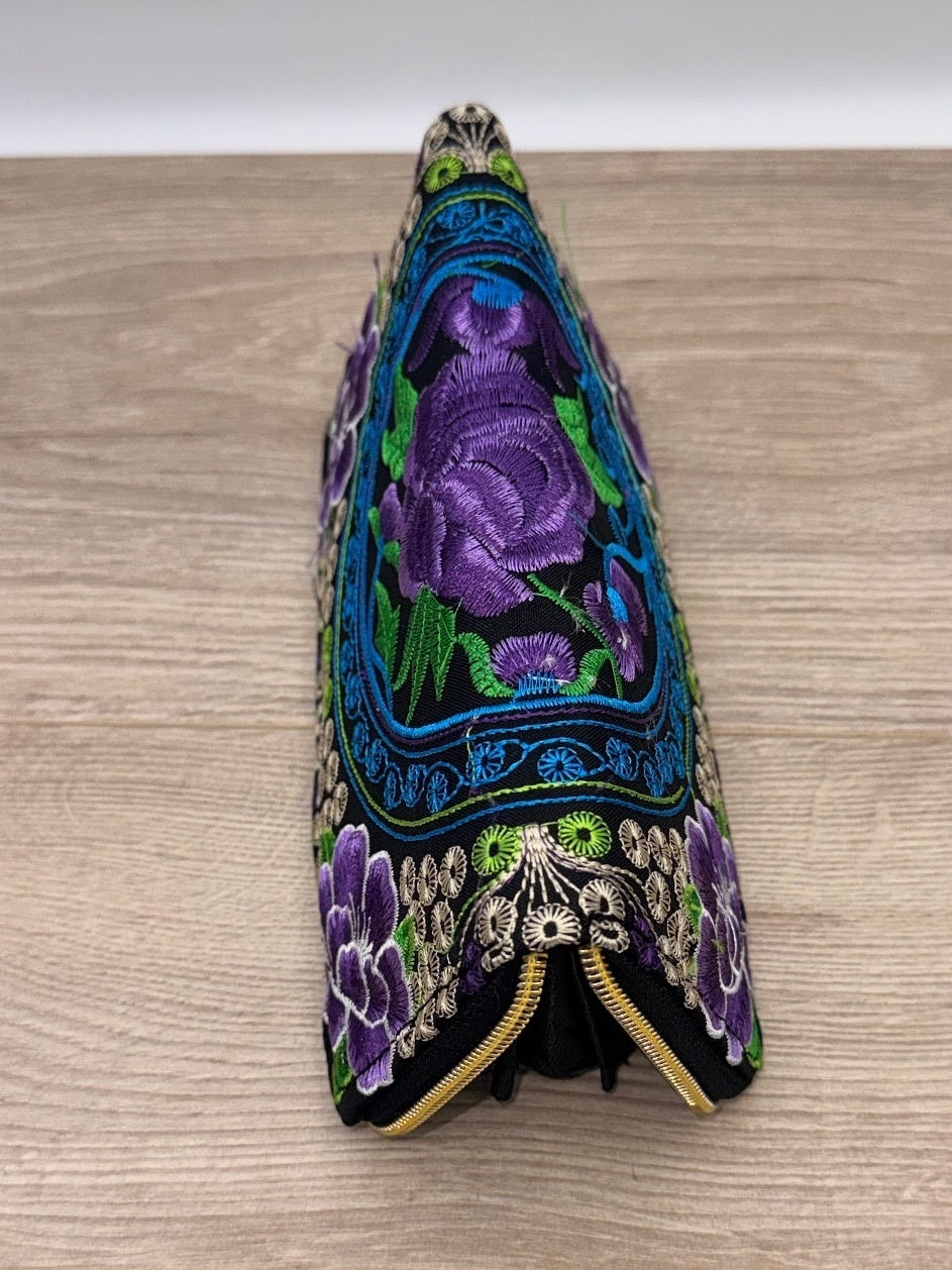 Embroidered Floral Double Zip Wallet Purple Black
