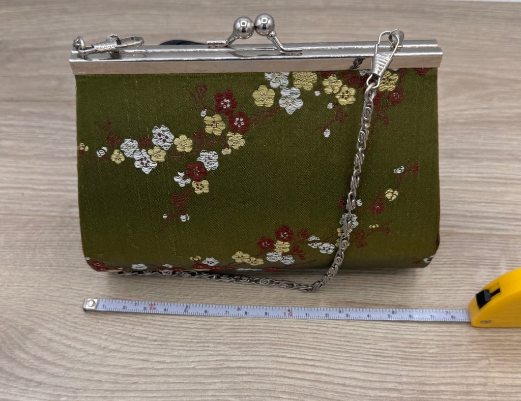 Olive Green Floral Embroidered Kiss Lock Evening Purse