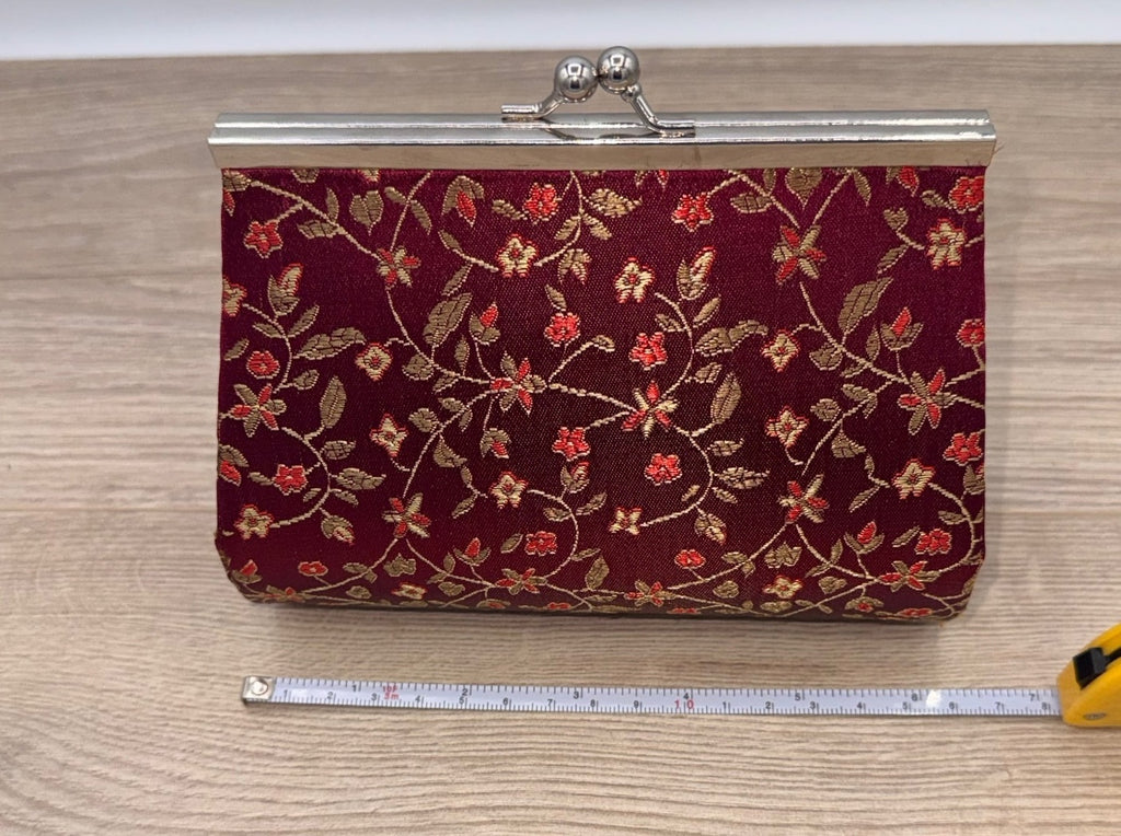 Burgundy Floral Brocade Kiss Lock Evening Purse Chain