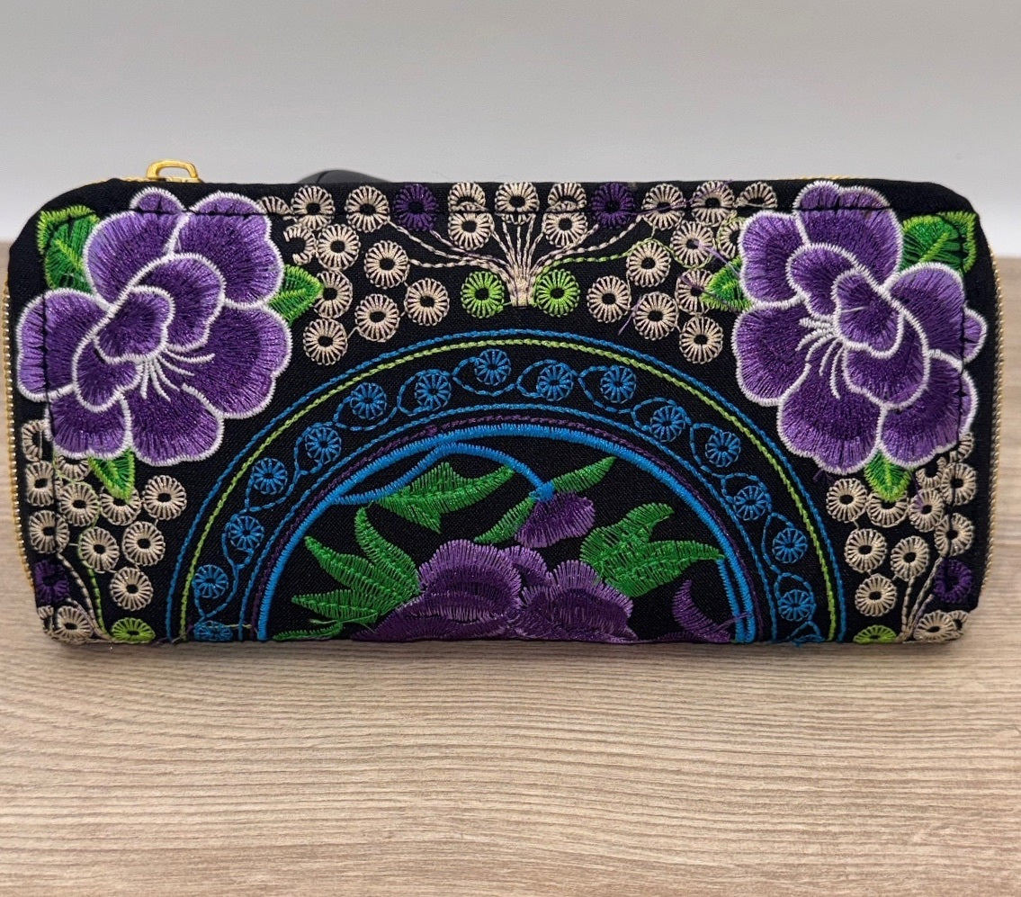 Embroidered Floral Double Zip Wallet Purple Black