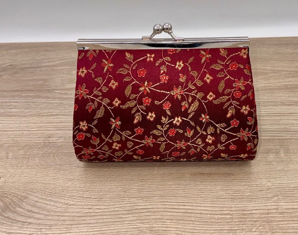 Burgundy Floral Brocade Kiss Lock Evening Purse Chain