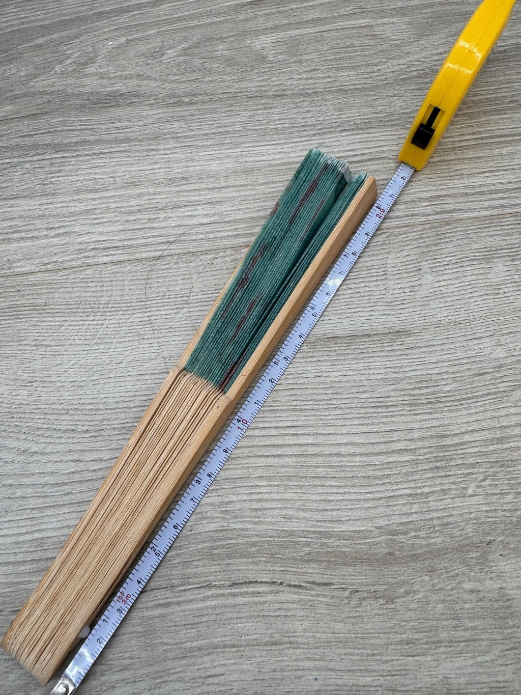 Green Floral Folding Hand Fan Wood Bamboo Style. Preowned