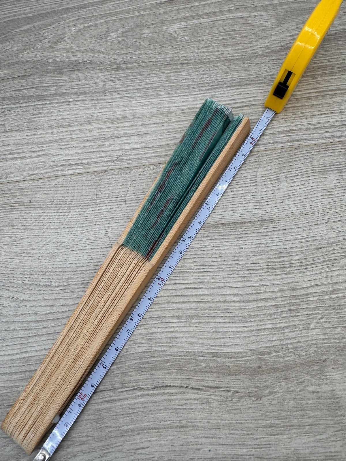 Green Floral Folding Hand Fan Wood Bamboo Style. Preowned
