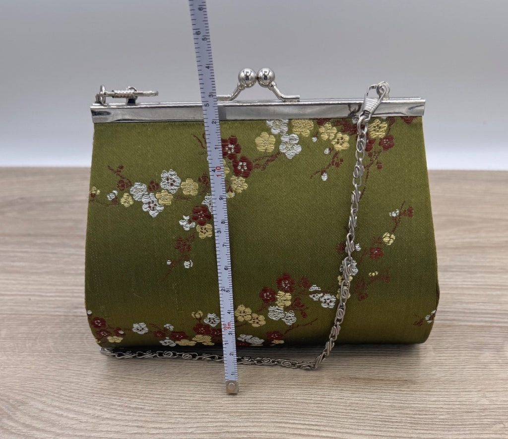 Olive Green Floral Embroidered Kiss Lock Evening Purse
