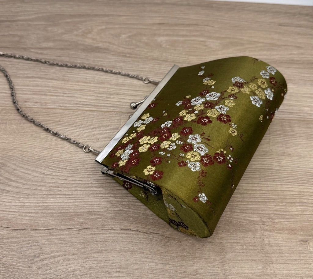 Olive Green Floral Embroidered Kiss Lock Evening Purse