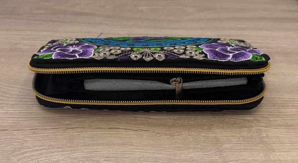 Embroidered Floral Double Zip Wallet Purple Black