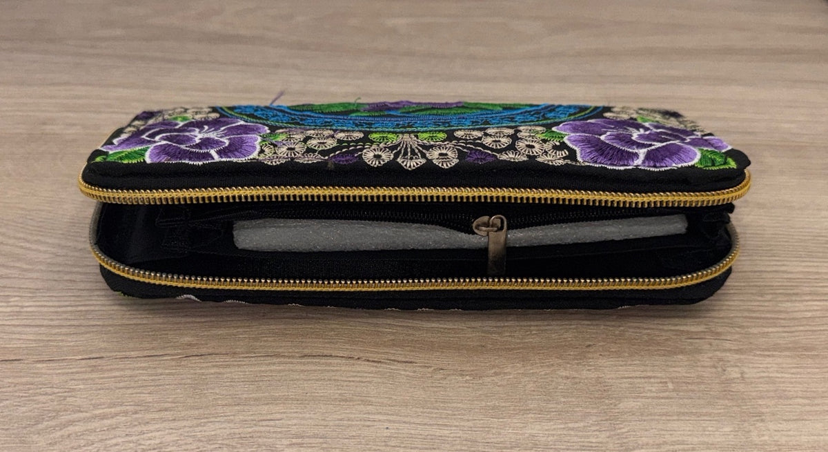 Embroidered Floral Double Zip Wallet Purple Black