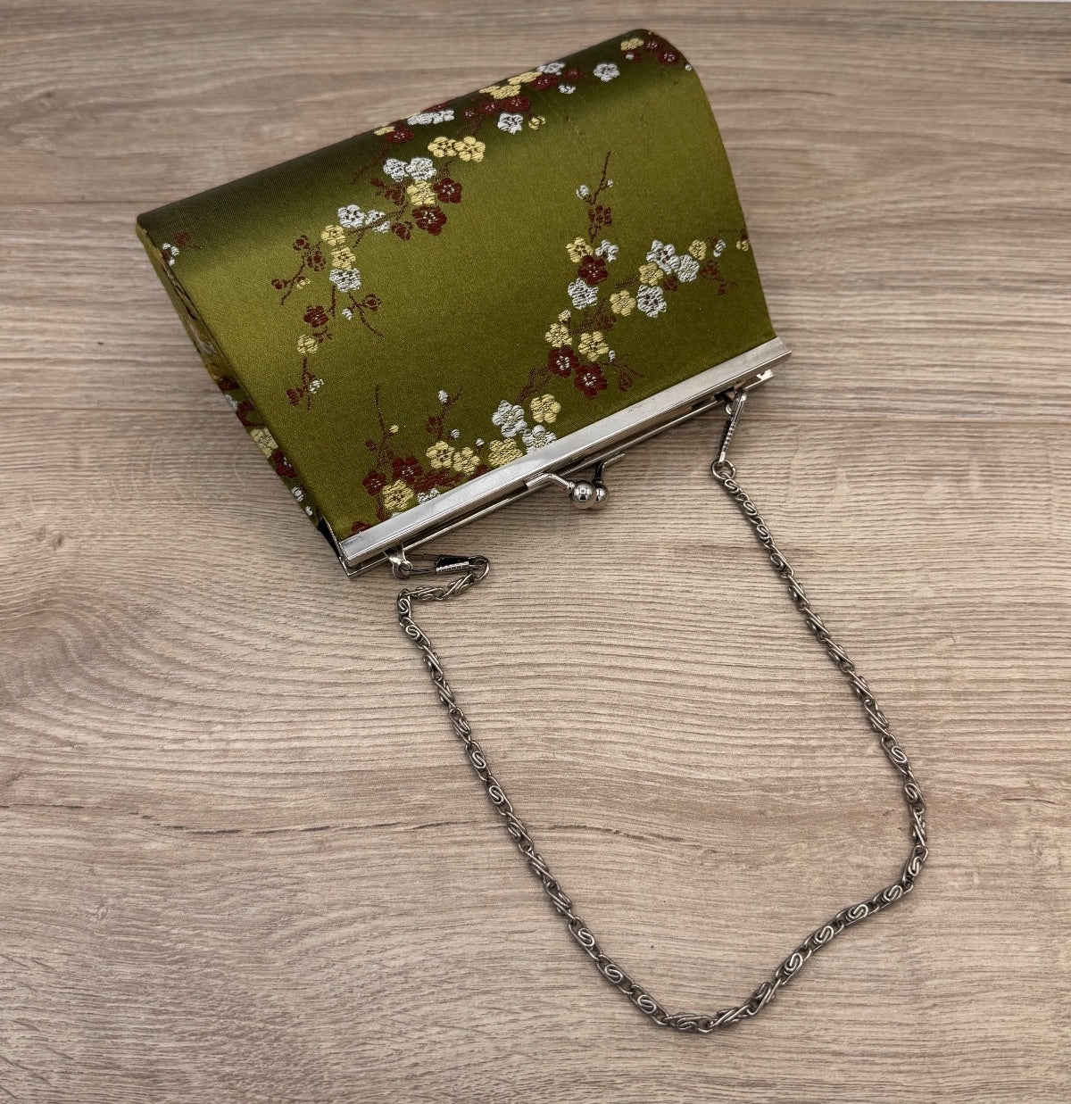 Olive Green Floral Embroidered Kiss Lock Evening Purse