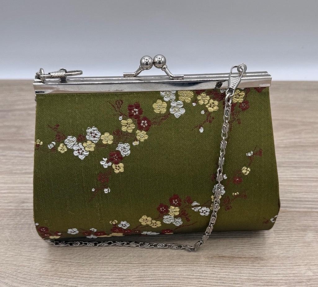 Olive Green Floral Embroidered Kiss Lock Evening Purse