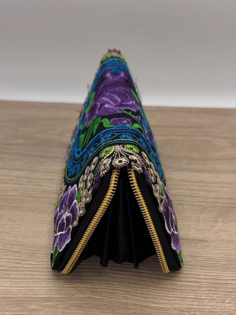 Embroidered Floral Double Zip Wallet Purple Black