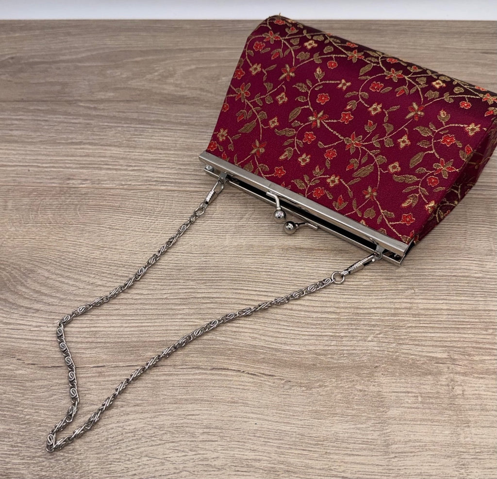 Burgundy Floral Brocade Kiss Lock Evening Purse Chain