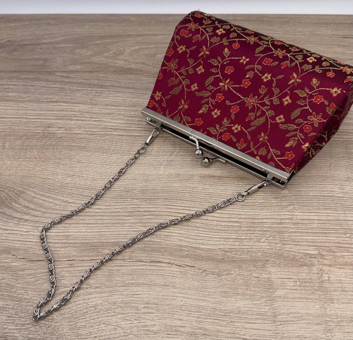 Burgundy Floral Brocade Kiss Lock Evening Purse Chain